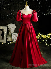 Burgundy Satin Puff Sleeve Beading Prom Dress